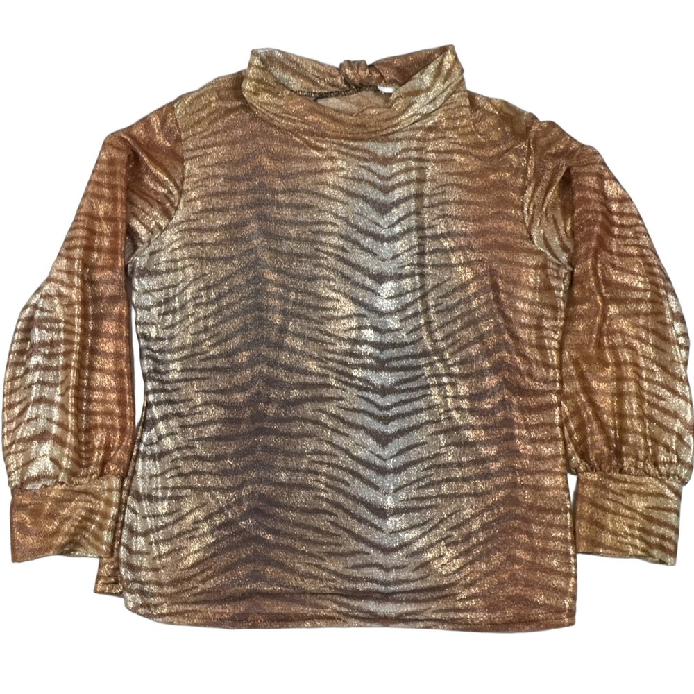NESS Vintage 80s Long Sleeve Knit Top Women Gold Metallic Tiger Stripe Glam Rock